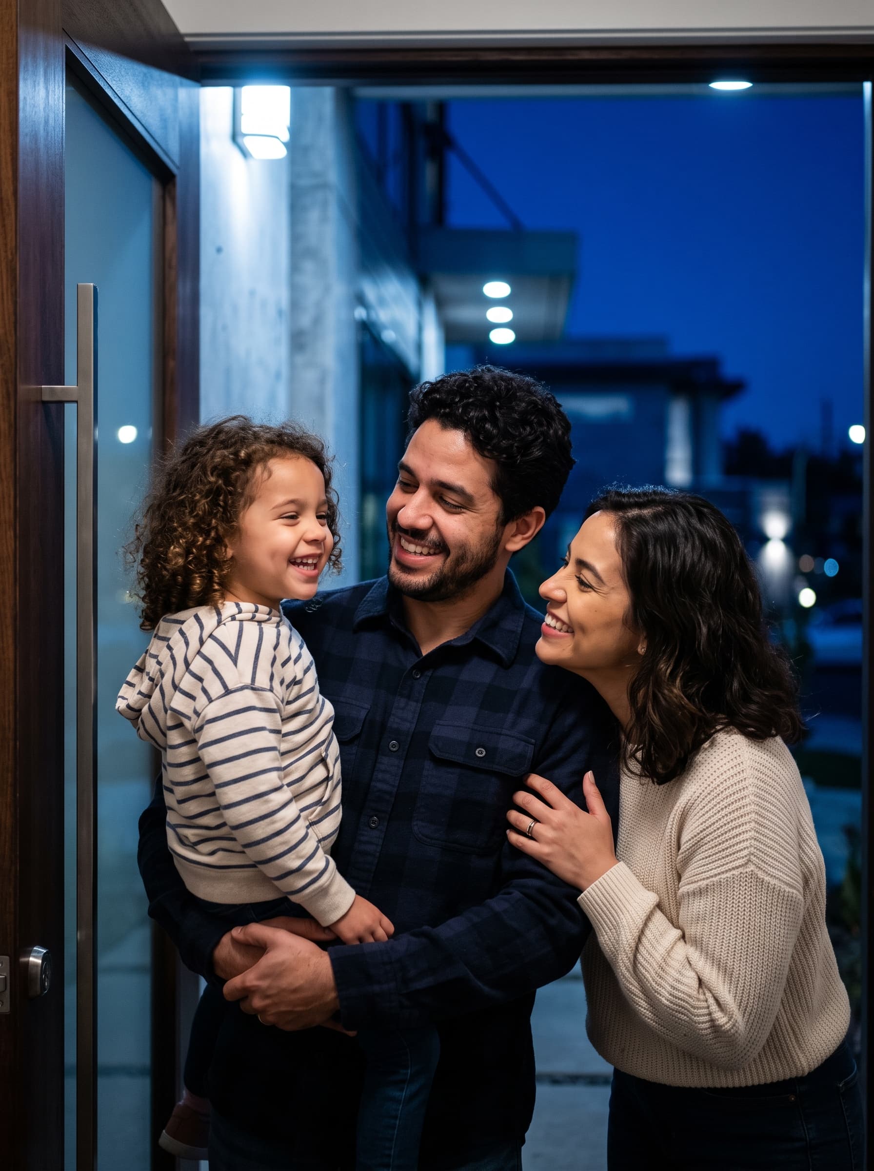 Família chegando em casa ao entardecer