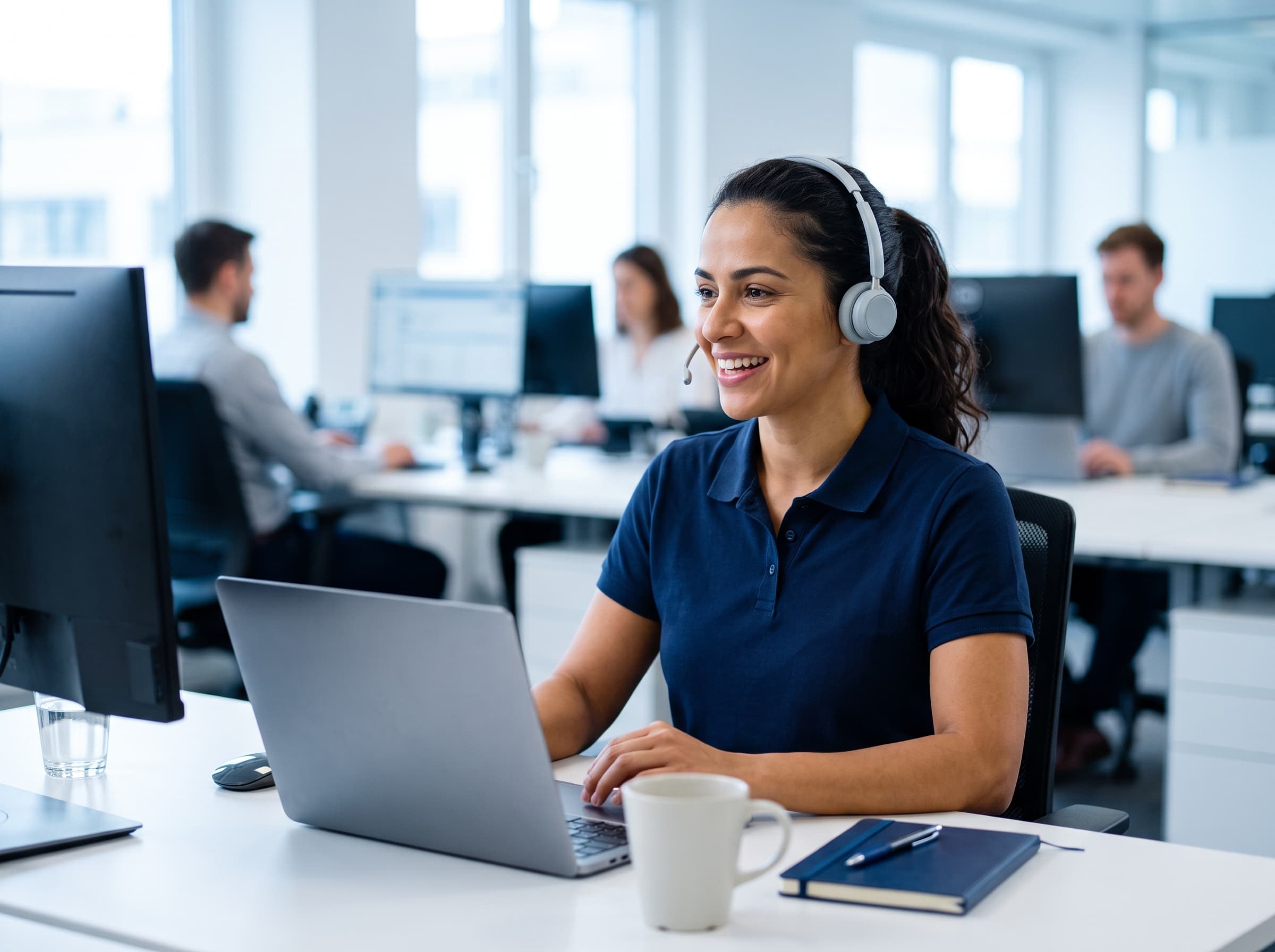 Corretora com headset atendendo um cliente