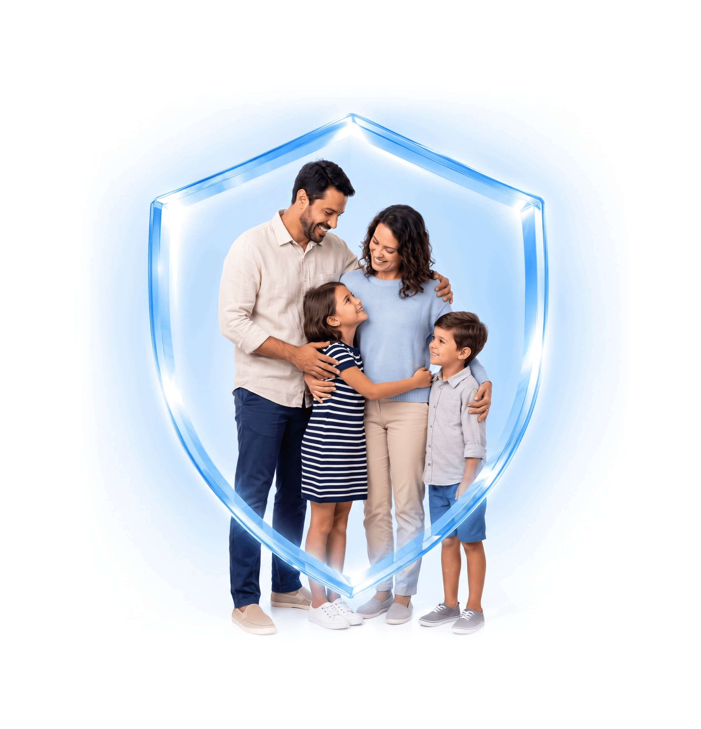 Família protegida por um escudo, representando a cobertura de seguro