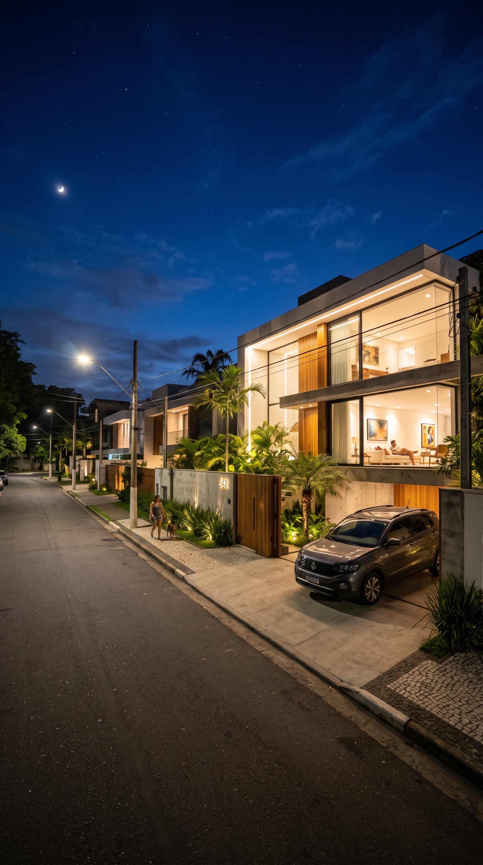 Carro estacionado na garagem de uma casa contemporânea